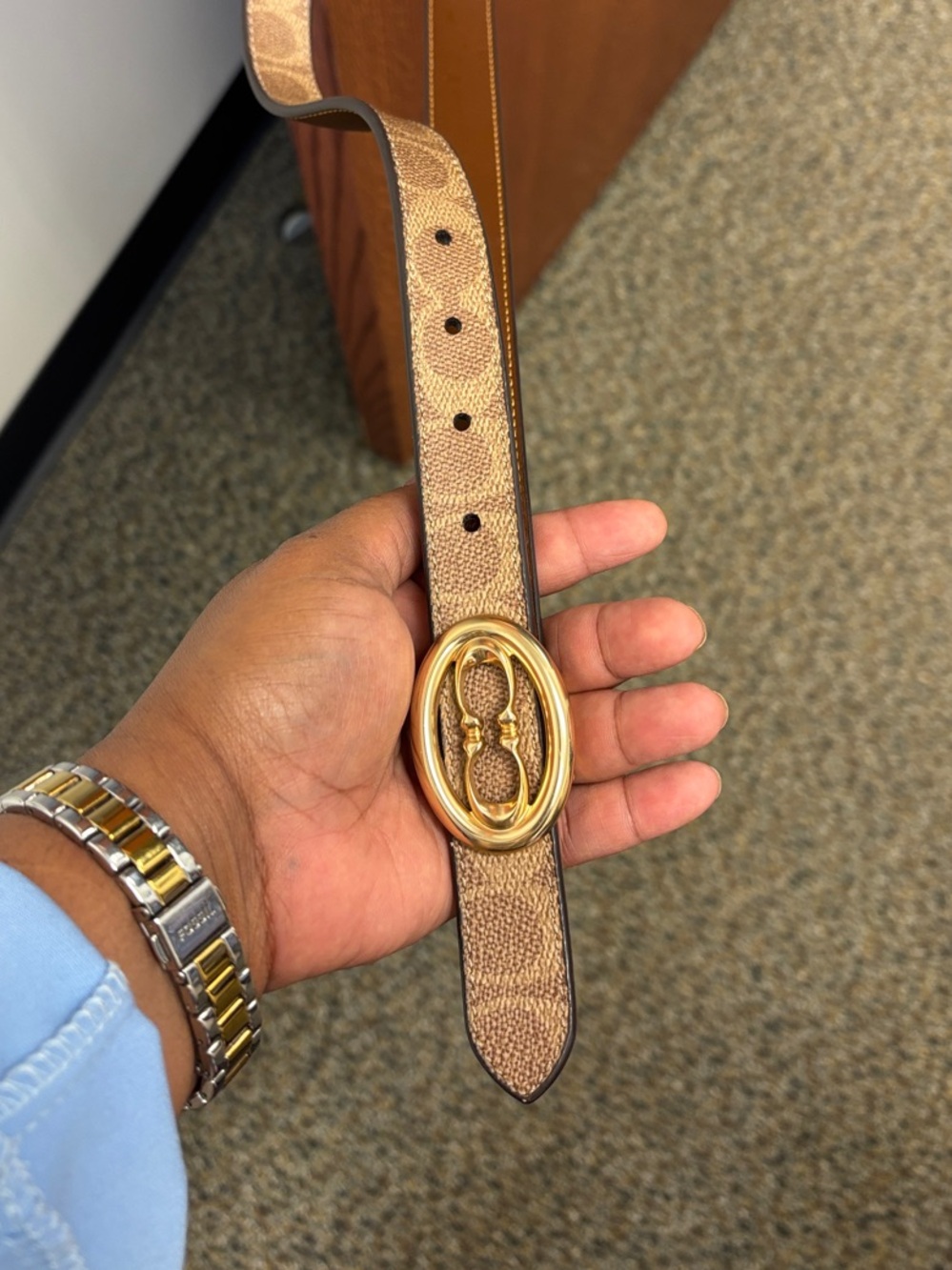 Coach Brown/Tan Signature Canvas Belt with Gold Oval Buckle